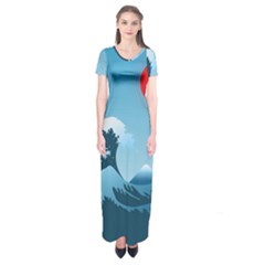 Minimalism Great Wave Off Kanagawa Short Sleeve Maxi Dress by Sarkoni