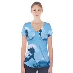 Minimalism Great Wave Off Kanagawa Short Sleeve Front Detail Top by Sarkoni