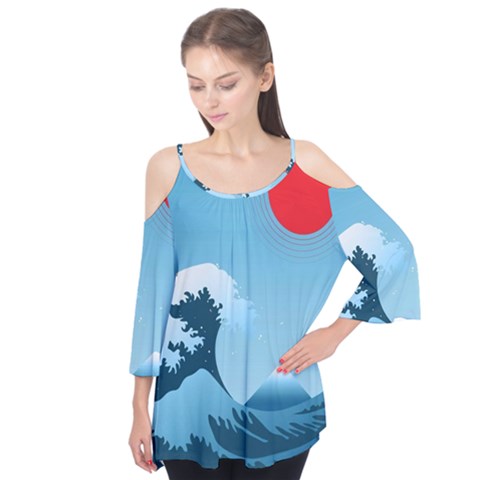 Minimalism Great Wave Off Kanagawa Flutter Sleeve T-shirt  by Sarkoni