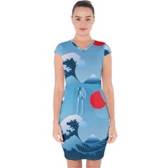 Minimalism Great Wave Off Kanagawa Capsleeve Drawstring Dress  by Sarkoni