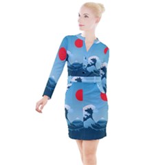 Minimalism Great Wave Off Kanagawa Button Long Sleeve Dress by Sarkoni