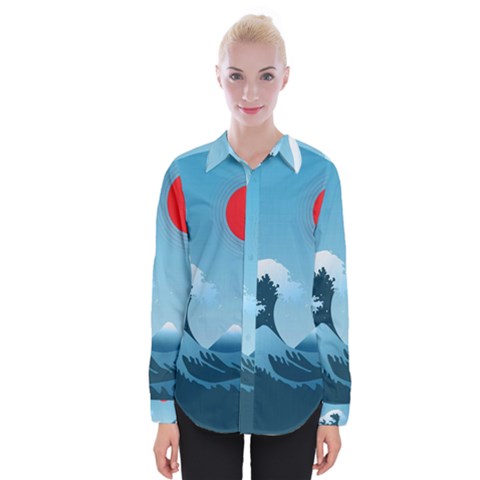 Minimalism Great Wave Off Kanagawa Womens Long Sleeve Shirt by Sarkoni