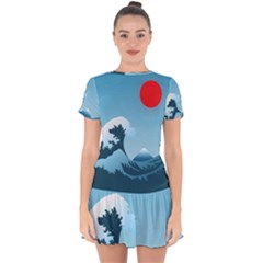 Minimalism Great Wave Off Kanagawa Drop Hem Mini Chiffon Dress by Sarkoni