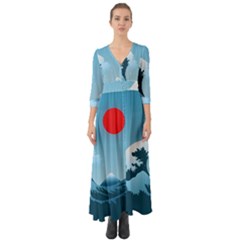 Minimalism Great Wave Off Kanagawa Button Up Boho Maxi Dress by Sarkoni