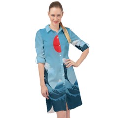 Minimalism Great Wave Off Kanagawa Long Sleeve Mini Shirt Dress by Sarkoni