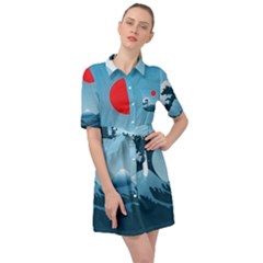 Minimalism Great Wave Off Kanagawa Belted Shirt Dress by Sarkoni