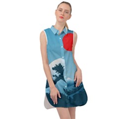 Minimalism Great Wave Off Kanagawa Sleeveless Shirt Dress by Sarkoni