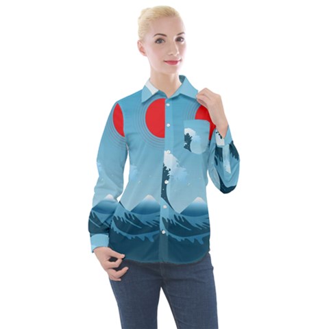 Minimalism Great Wave Off Kanagawa Women s Long Sleeve Pocket Shirt by Sarkoni