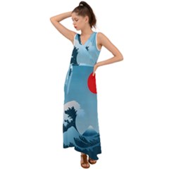 Minimalism Great Wave Off Kanagawa V-neck Chiffon Maxi Dress by Sarkoni