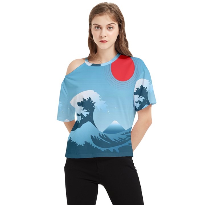 Minimalism Great Wave Off Kanagawa One Shoulder Cut Out T-Shirt