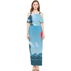 Minimalism Great Wave Off Kanagawa Draped Sleeveless Chiffon Jumpsuit by Sarkoni