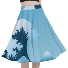 Minimalism Great Wave Off Kanagawa A-line Full Circle Midi Skirt With Pocket by Sarkoni