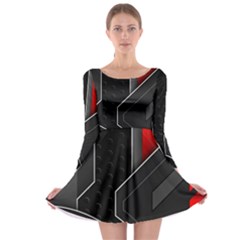 Gamer Tech Black Mesh Red Modern Shape Texture Geometric Pattern Long Sleeve Skater Dress by Sarkoni