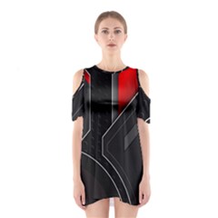 Gamer Tech Black Mesh Red Modern Shape Texture Geometric Pattern Shoulder Cutout One Piece Dress by Sarkoni