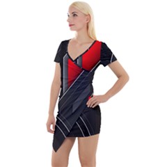 Gamer Tech Black Mesh Red Modern Shape Texture Geometric Pattern Short Sleeve Asymmetric Mini Dress by Sarkoni