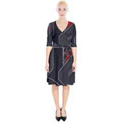 Gamer Tech Black Mesh Red Modern Shape Texture Geometric Pattern Wrap Up Cocktail Dress by Sarkoni