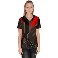 Gamer Tech Black Mesh Red Modern Shape Texture Geometric Pattern Women s V-neck Scrub Top by Sarkoni