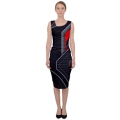 Gamer Tech Black Mesh Red Modern Shape Texture Geometric Pattern Sleeveless Pencil Dress by Sarkoni