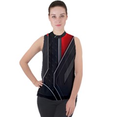 Gamer Tech Black Mesh Red Modern Shape Texture Geometric Pattern Mock Neck Chiffon Sleeveless Top by Sarkoni