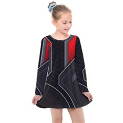 Gamer Tech Black Mesh Red Modern Shape Texture Geometric Pattern Kids  Long Sleeve Dress by Sarkoni