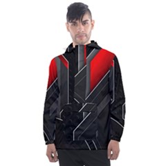 Gamer Tech Black Mesh Red Modern Shape Texture Geometric Pattern Men s Front Pocket Pullover Windbreaker by Sarkoni