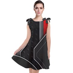 Gamer Tech Black Mesh Red Modern Shape Texture Geometric Pattern Tie Up Tunic Dress by Sarkoni