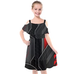 Gamer Tech Black Mesh Red Modern Shape Texture Geometric Pattern Kids  Cut Out Shoulders Chiffon Dress by Sarkoni