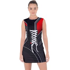 Gamer Tech Black Mesh Red Modern Shape Texture Geometric Pattern Lace Up Front Bodycon Dress by Sarkoni