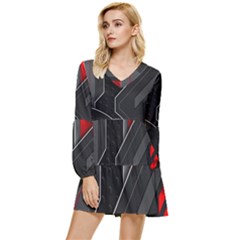 Gamer Tech Black Mesh Red Modern Shape Texture Geometric Pattern Tiered Long Sleeve Mini Dress by Sarkoni