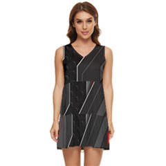 Gamer Tech Black Mesh Red Modern Shape Texture Geometric Pattern Tiered Sleeveless Mini Dress by Sarkoni