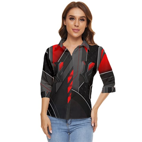 Gamer Tech Black Mesh Red Modern Shape Texture Geometric Pattern Women s Quarter Sleeve Pocket Shirt by Sarkoni