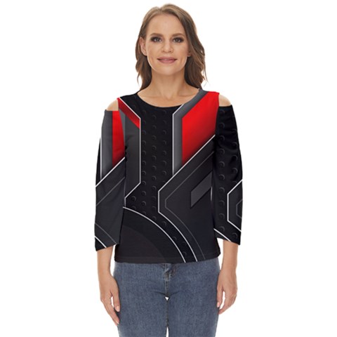 Gamer Tech Black Mesh Red Modern Shape Texture Geometric Pattern Cut Out Wide Sleeve Top by Sarkoni