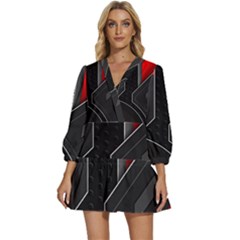 Gamer Tech Black Mesh Red Modern Shape Texture Geometric Pattern V-neck Placket Mini Dress by Sarkoni