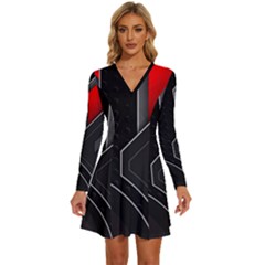 Gamer Tech Black Mesh Red Modern Shape Texture Geometric Pattern Long Sleeve Deep V Mini Dress  by Sarkoni