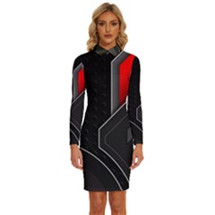 Gamer Tech Black Mesh Red Modern Shape Texture Geometric Pattern Long Sleeve Shirt Collar Bodycon Dress by Sarkoni