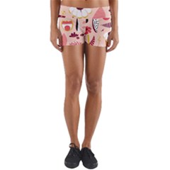 Scandinavian Flat Floral Background Coral Pink White Black Gold Pattern Yoga Shorts by Sarkoni