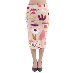 Scandinavian Flat Floral Background Coral Pink White Black Gold Pattern Midi Pencil Skirt by Sarkoni