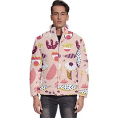 Scandinavian Flat Floral Background Coral Pink White Black Gold Pattern Men s Puffer Bubble Jacket Coat by Sarkoni