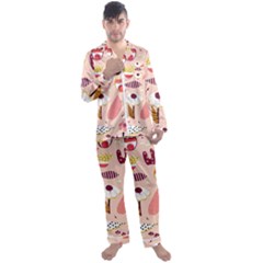 Scandinavian Flat Floral Background Coral Pink White Black Gold Pattern Men s Long Sleeve Satin Pajamas Set by Sarkoni