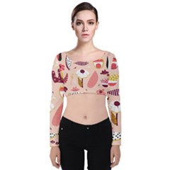 Scandinavian Flat Floral Background Coral Pink White Black Gold Pattern Velvet Long Sleeve Crop Top by Sarkoni