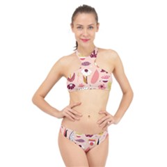 Scandinavian Flat Floral Background Coral Pink White Black Gold Pattern High Neck Bikini Set by Sarkoni