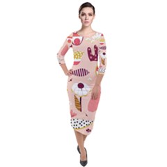 Scandinavian Flat Floral Background Coral Pink White Black Gold Pattern Quarter Sleeve Midi Velour Bodycon Dress by Sarkoni