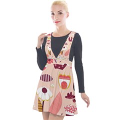 Scandinavian Flat Floral Background Coral Pink White Black Gold Pattern Plunge Pinafore Velour Dress by Sarkoni