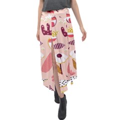 Scandinavian Flat Floral Background Coral Pink White Black Gold Pattern Velour Split Maxi Skirt by Sarkoni