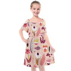 Scandinavian Flat Floral Background Coral Pink White Black Gold Pattern Kids  Cut Out Shoulders Chiffon Dress by Sarkoni