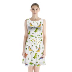 Baby Dino Seamless Pattern Sleeveless Waist Tie Chiffon Dress by Sarkoni