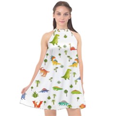 Baby Dino Seamless Pattern Halter Neckline Chiffon Dress  by Sarkoni