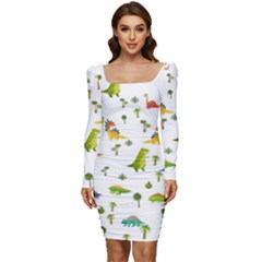 Baby Dino Seamless Pattern Women Long Sleeve Ruched Stretch Jersey Dress by Sarkoni