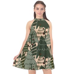 Christmas Vector Seamless Tree Pattern Halter Neckline Chiffon Dress  by Sarkoni