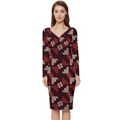 Oriental Dragon Motif Pattern Long Sleeve V-neck Bodycon Dress  by Sarkoni